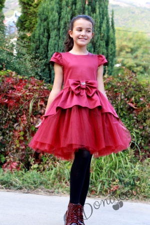 Официална детска рокля в бордо и тюл Кати от сатен 