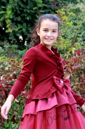 Комплект от официална детска рокля в бордо и тюл Каролина от сатен  с плетена жилетка