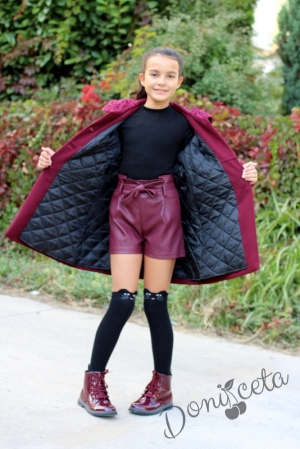 Детско палто за момиче в бордо с дантела 