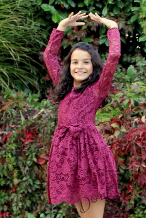 Официална детска рокля с дълъг ръкав в дантела в бордо Дари