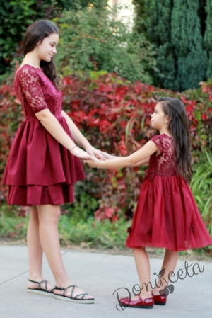 Официална детска рокля  с 7/8 ръкав в бордо от колекция Майки и дъщери