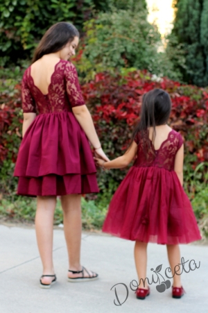 Дамска рокля  с 7/8 ръкав в бордо от колекция Майки и дъщери
