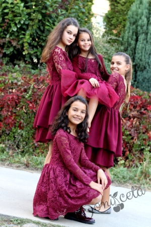 Комплект от детска рокля  с 7/8 ръкав в бордо от колекция Майки и дъщери с жилетка в бордо