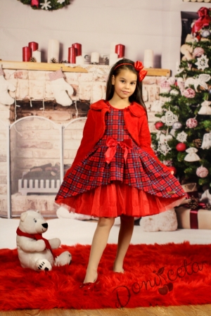 Официална детска рокля в каре с дълъг ръкав с пухкаво болеро в червено