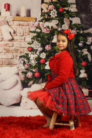 Официална детска рокля в каре с дълъг ръкав с пухкаво болеро в червено