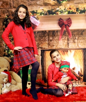 Коледен комплект за момиче с дълъг ръкав от карирана пола и сако 