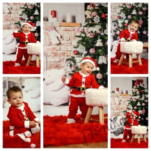 Коледен памучен комплект в червено от 3 части/ костюм на Дядо Коледа
