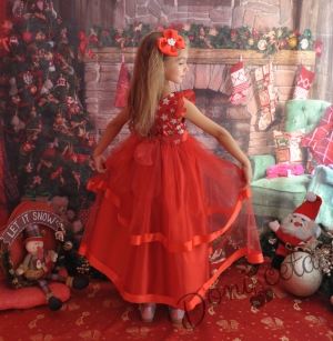 Официална детска дълга рокля в червено със снежинки