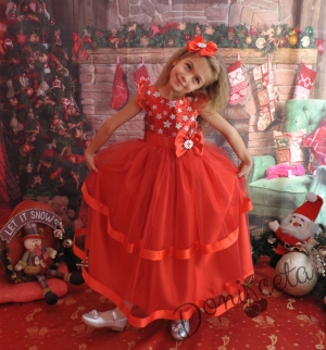 Официална детска дълга рокля в червено със снежинки