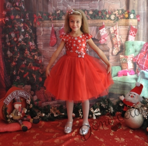 Официална детска рокля в червено с блясък със звездички и тюл