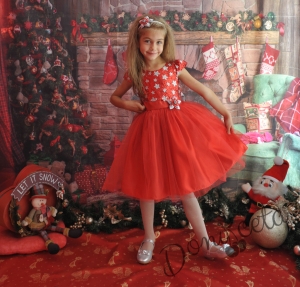 Официална детска рокля в червено с блясък със звездички и тюл
