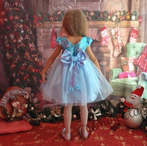 Официална детска рокля в светлосиньо с блясък със звездички и тюл