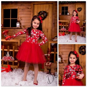 Коледна детска рокля в червено с тюл
