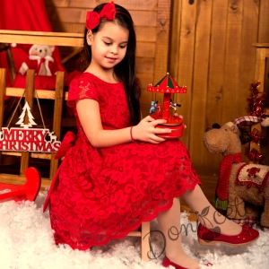 Официална детска рокля с къс ръкав в дантела в червено с болеро