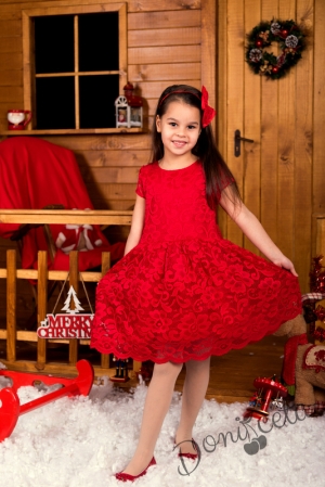Официална детска рокля с къс ръкав в дантела в червено с голяма панделка отзад