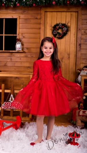 Официална детска рокля с дълъг ръкав в червено с дантела и тюл
