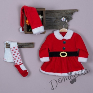 Коледен комплект от 3 части от рокля, чорапогащник и коледна шапка