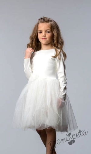 Официална детска рокля в екрю с дълъг ръкав и тюл