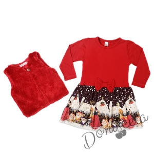 Детска рокля с дълъг ръкав с картинка и мек елек в червено