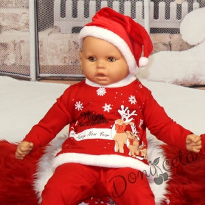 Комплект от бебешка туника в червено с еленчета с клин за Коледа