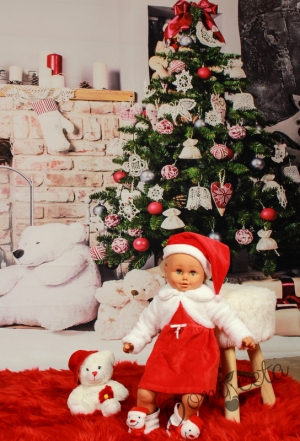  Коледна детска/бебешка плюшена  рокля  в червено с пухкаво наметало в бяло