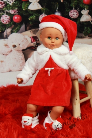  Коледна детска/бебешка плюшена  рокля  в червено с пухкаво наметало в бяло