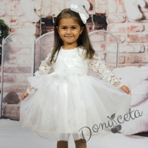 Официална детска рокля с дълъг ръкав в бяло с дантела и тюл 