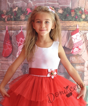 Официална детска рокля с в бяло с червен тюл