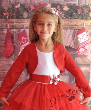 Официална детска рокля с в бяло с червен тюл с болеро