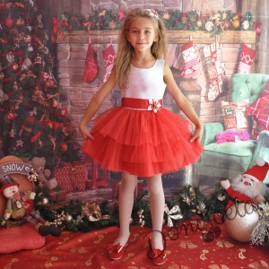 Официална детска рокля с в бяло с червен тюл с болеро