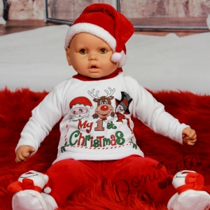 Коледен бебешки комплект от блузка, панталонки и шапка с надпис Моята първа Коледа