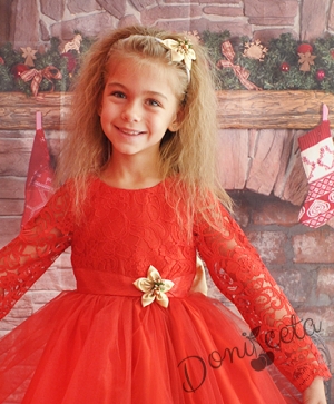 Официална детска рокля с дълъг ръкав с дантела и тюл в червено