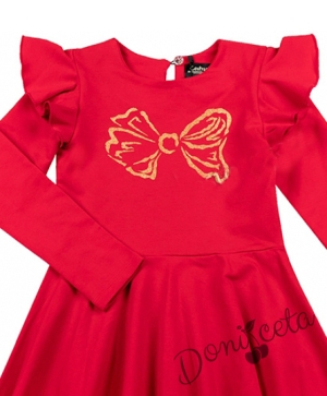 Детска рокля с дълъг ръкав в червено с панделка 