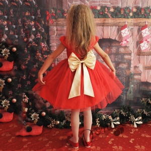 Официална детска рокля с дантела и тюл в червено