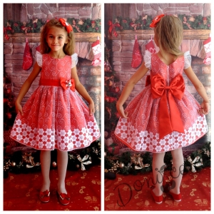 Официална детска рокля в червено с цветя 