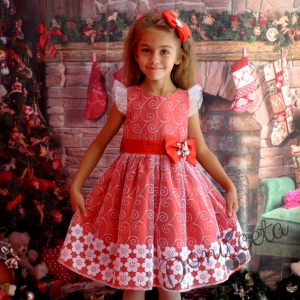 Официална детска рокля в червено с цветя 