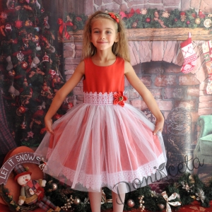 Официална детска рокля в червено и бяло с дантела