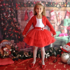 Официална детска рокля в бяло с червен тюл с болеро