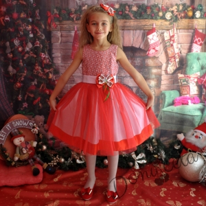 Официална детска рокля  в червено с коледна панделка