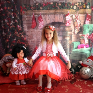 Официална детска рокля  в червено с коледна панделка с болеро