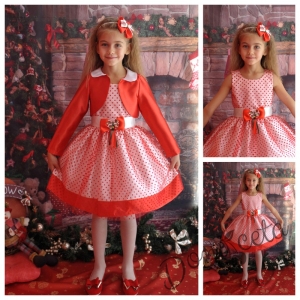 Официална детска рокля  в червено с коледна панделка с болеро в червено