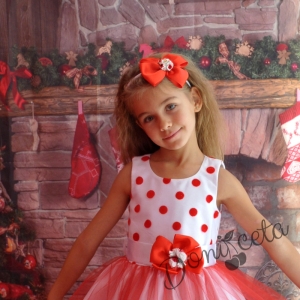 Официална детска рокля  в червено с коледна панделка