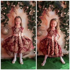 Официална детска рокля в бордо със златисти нишки