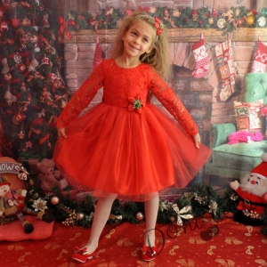 Официална детска рокля с дълъг ръкав с дантела и тюл в червено с голяма панделка