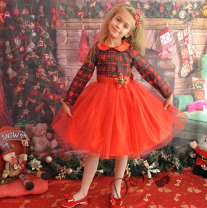Официална детска рокля с дълъг ръкав с каре и тюл в червено
