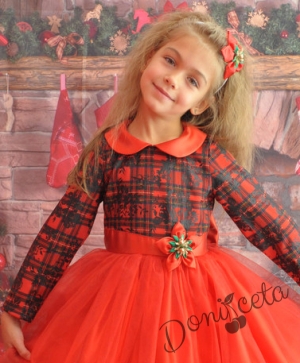 Официална детска рокля с дълъг ръкав с каре и тюл в червено