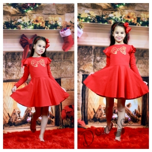 Детска рокля с дълъг ръкав в червено с панделка в златисто