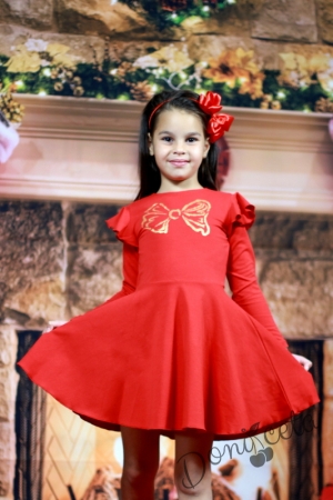Детска рокля с дълъг ръкав в червено с панделка в златисто