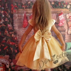 Официална детска рокля в златисто с тюл и голяма панделка
