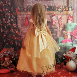 Официална детска дълга рокля в златисто с голяма панделка